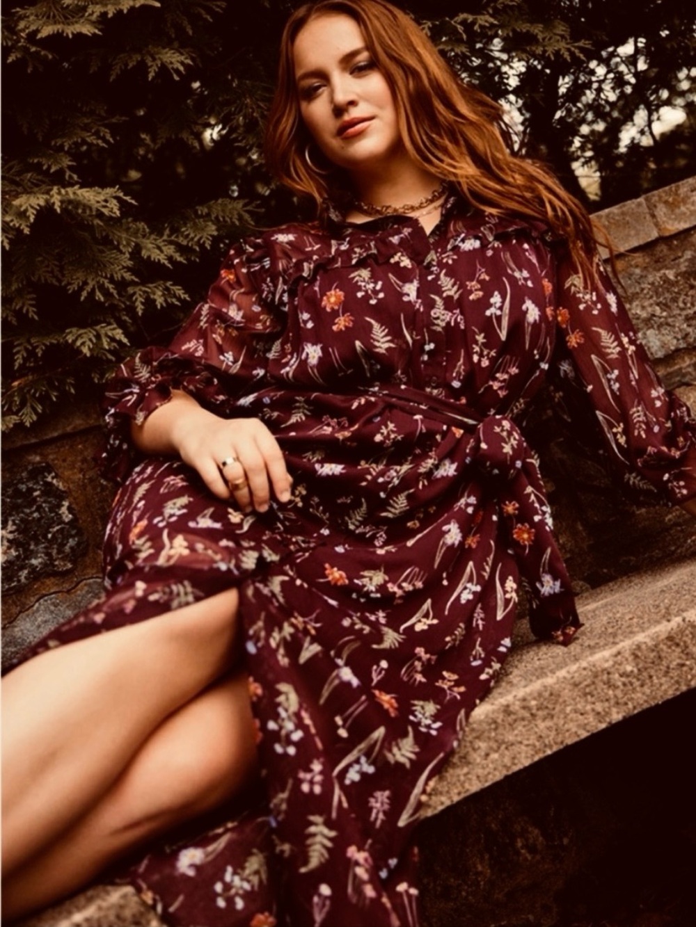 Eloquii Brown Flowy Floral Maxi Long Sleeve Belted Ruffle Flowy Shirt Dress 24 - Picture 6 of 12